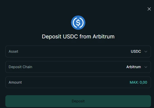 Deposit form with asset and chain selection