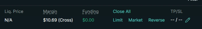 Position controls with liquidation price, margin, funding, close actions, and TP/SL